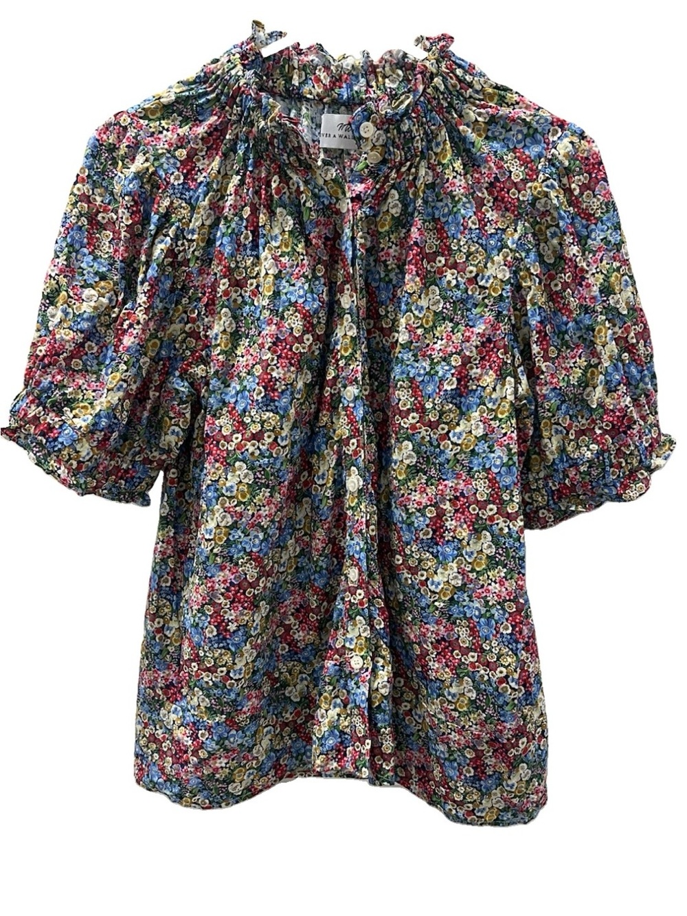 Never A Wallflower Floral Button-Front Ruffle Collar Blouse - Blue Pink Green - Picture 2 of 5